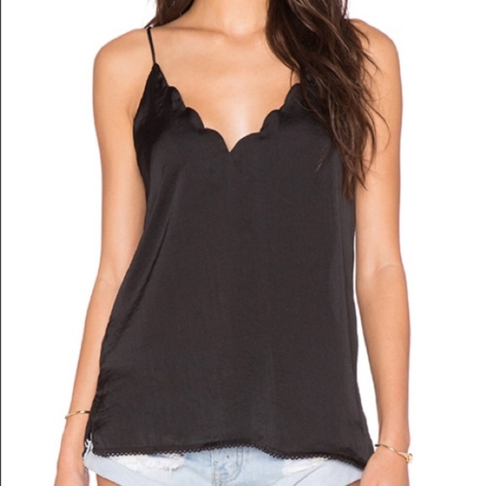 Free People Black Satin Scallop Tank (Size L)
